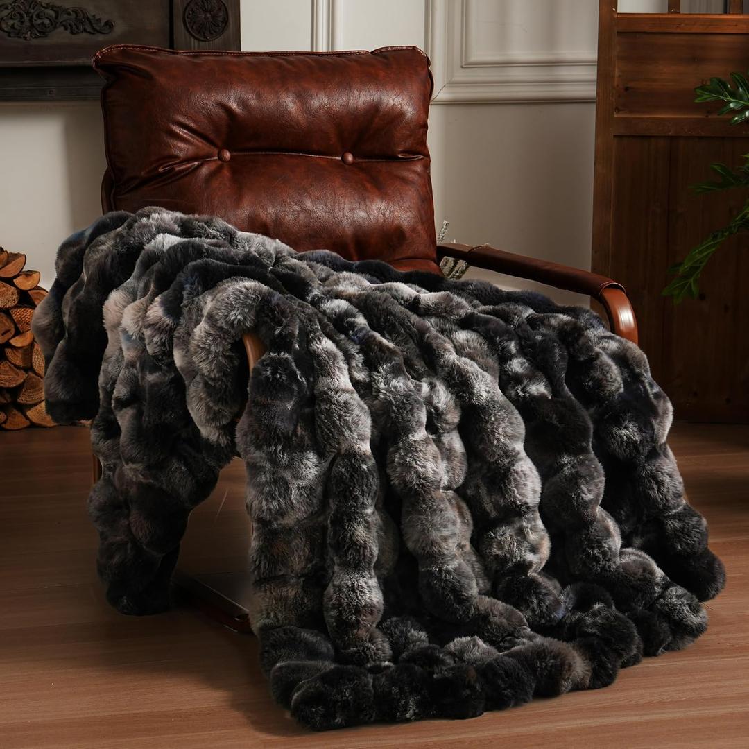 Fluffy Faux Fur Throw Blanket for Couch, Soft Plush Thick Cozy Fuzzy Luxury Minky Bubble Blanket for Home Living Room Decor Gift for Women, Tie-dye Grey, 50" x 60", 1100GSM
