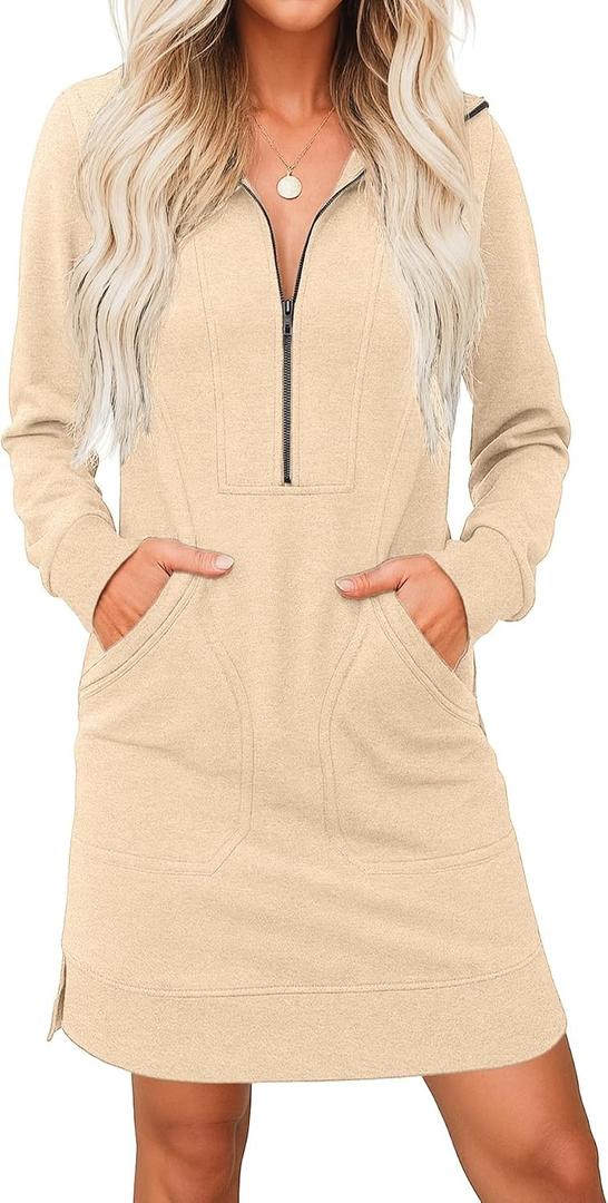 PrinStory Women’s Casual Dresses | Fall Winter Long Sleeve Half Zip V Neck Pullover Tunic Sweatshirt Dress with Pockets S-2XL (Beige, XL)