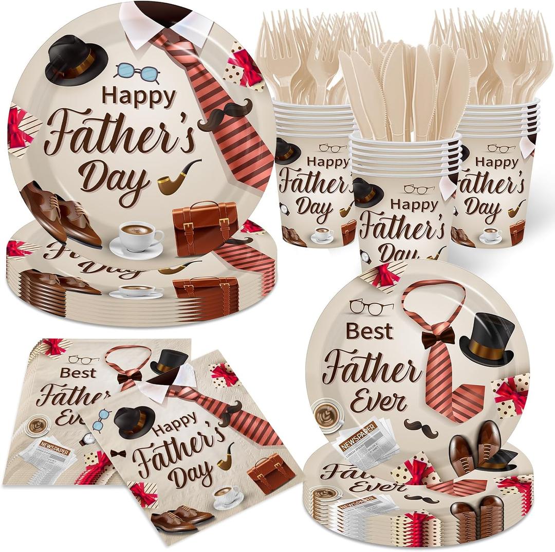 Fathers Day Decorations, Fathers Day Plates and Napkins Disposable Tableware Set for Happy Father's Day Decorations, Serves 24