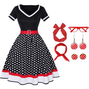 Colorful House Female Adult 1950s Vintage Costumes with Accessories Scarf Headbands Earrings Glasses 7 PCS (XX-Large, Black Dot)