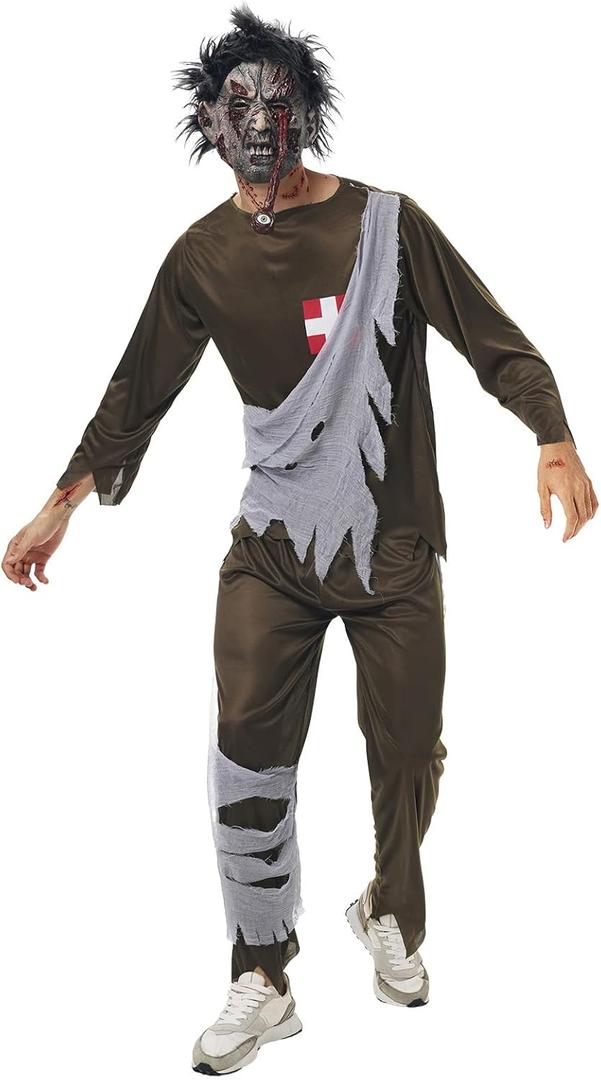 6PCS Adult Men Zombie Costume with Scary Mask Tattoo Stickers Creepy Halloween Cosplay Party Outfits (Medium)