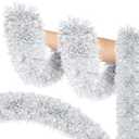 50ft Silver & White Christmas Tinsel Garland - Metallic Tinsel Glitter Twist Garland Hanging Streamers for Indoor/Outdoor Decor Xmas Tree Garlands Decorations