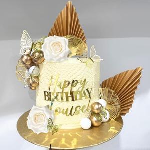Boho Cake Topper Champagne Rose Cake Decoration White Gold Balls Cake Decoration Gold Palm Leaves Cake Topper Flower Cake Toppers for Wedding Baby Shower Birthday