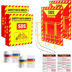 2 Pcs MSDS SDS Binder and Wall Station,Yellow Heavy Duty 3 Inch Material Safety Data Sheet 3 Ring Binder with SDS Wire Rack and Display Sign, Chain,Mounting Hardware,Safety Posters,MSDS Labels