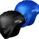 Swim Cap for Long Hair 2 Pack Thicker Design Solid Silicone Waterproof Swimming Caps for Woman Adults and Men (Black+Blue)