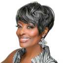 MOONSHOW Short Grey Wigs for Black Women Grey Pixie Cut Wig Synthetic Short Side Part Pixie HairCut Wigs with Bangs for Old Women Gray Straight Pixie Wig