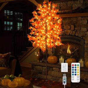 6FT 144LED Maple Tree Light - Thanksgiving Decor Artificial Tree with Pumpkins, Acorns, Remote 8 Flashing Modes, Timing, for Wedding Party Outdoor Fall Decor (Upgraded Silk-Screened Leaves)