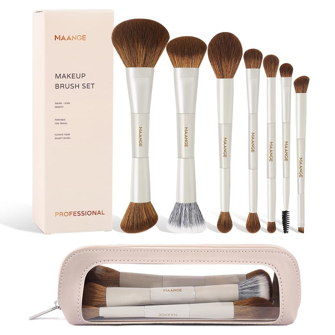 MAANGE Makeup Brush Set 14-In-7 Double Ended Essential Foundation Makeup Brushes for Powder Concealers Eye Shadows Blush Make Up Brushes with Travel Makeup Case (White)