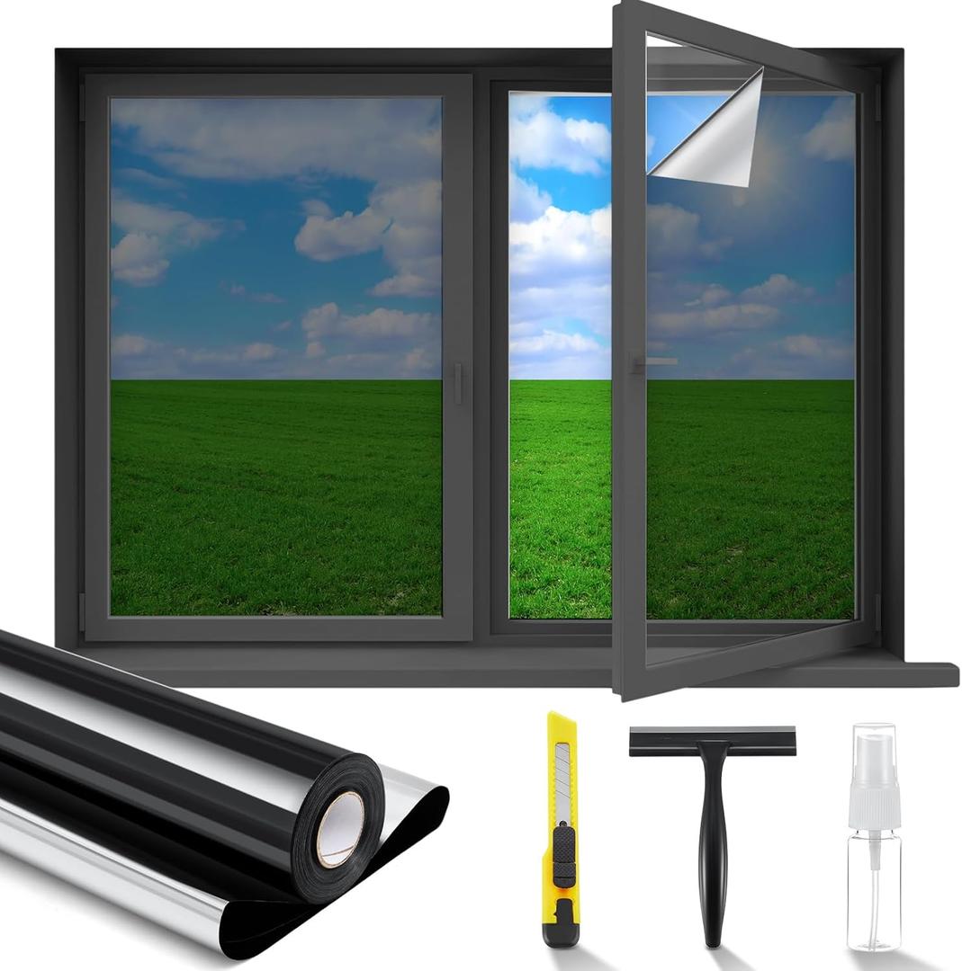 One Way Privacy Window Film 36 Inch x 100 ft Static Cling No Glue Privacy Window Tint Film Heat Control Block UV with a Scraper, a Knife, Empty Nozzle Bottle for Home and Office Windows