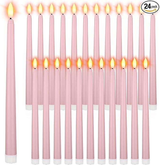 Macarrie 24 Packs Flameless Taper Candles Battery Operated Fake 11 Inch Long Candlelight LED Flameless Candlesticks Flickering Tapered for Summer Fall Wedding(Light Pink)