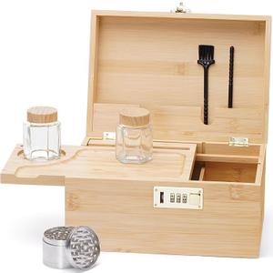 Large bamboo box, locked storage decorative box with combination lock, wooden lock box with lid, wooden locked storage box with removable tray and jars (Medium)