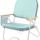 Padded Low Beach Chair, 4-Position Folding Outdoor Chair with Wooden Armrests, Cushioned Seat, Storage Pouch & Carry Strap for Beach, Patio and Lawn, Harbour Cypress Green