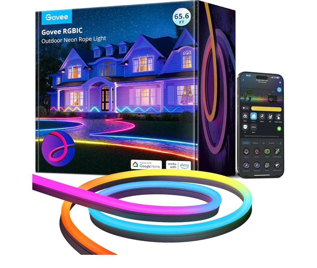 Govee Outdoor Neon Rope Lights, 65.6ft RGBIC IP67 Waterproof Outdoor Decorations with 64 Scene Modes, Music Sync, Flexible LED Lights, Neon Lights Work with Alexa, Google Assistant