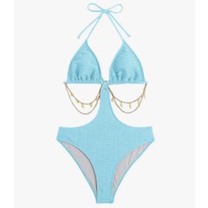OYOANGLE Women's Chain Linked Cut Out Halter One Piece Swimsuit Tummy Control Bathing Suit, Size S