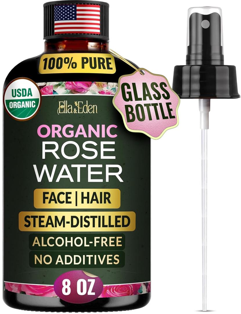 Ella & Eden 100% Pure Organic Rose Water Spray for Face, for Hair - 8oz, R-OH-Free, No additives - USDA Organic, Steam-Distilled - Refreshing, Hydrating, Glass Bottle