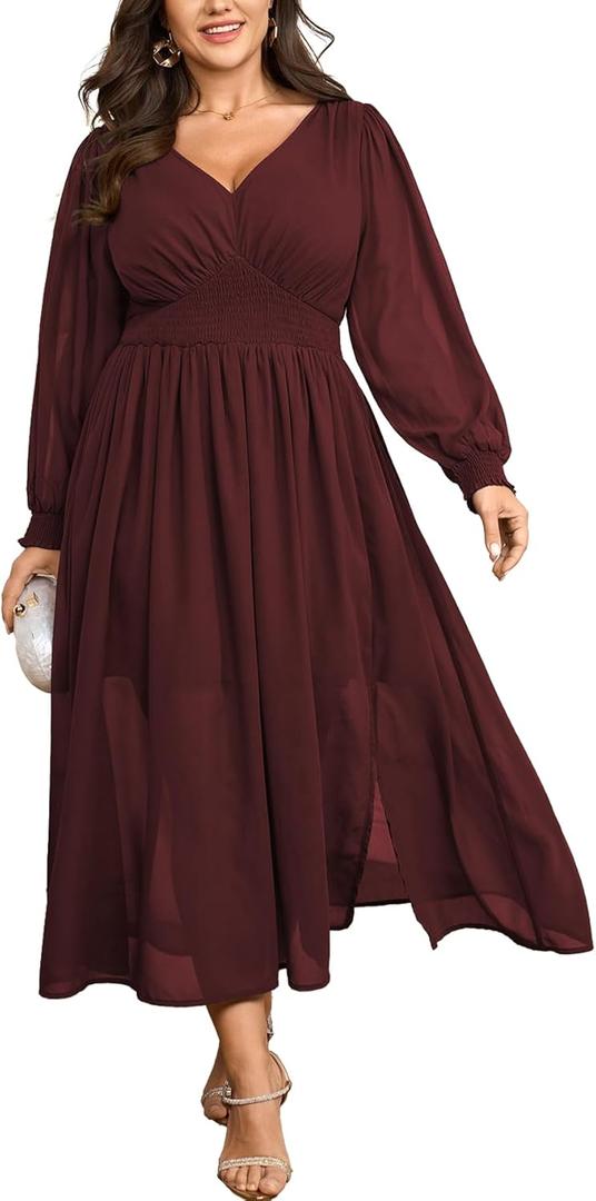 SCOMCHIC Womens Plus Size Formal Dresses Chiffon Wedding Guest Long Sleeve V Neck Smocked Flowy Slit Maxi Dress (Burgundy)