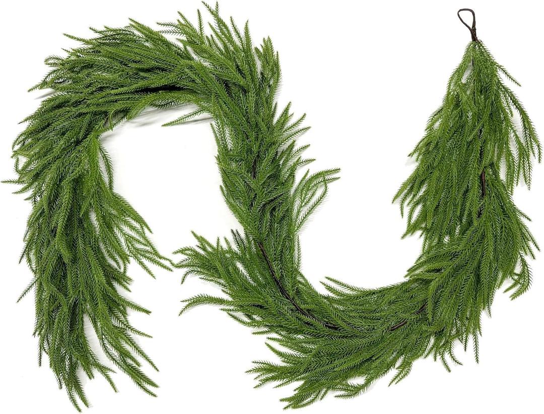 9FT Christmas Garlands, Norfolk Pine Garland, Real Touch Artificial Faux Greenery Garland for Holiday Indoor Outdoor Decor