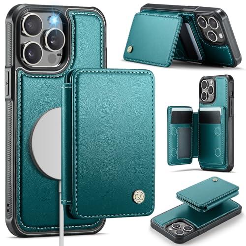 Usroom Compatible with Magsafe for iPhone 13 Pro Wallet Case Magnetic Card Holder, RFID Blocking 2 in 1 Detachable Kickstand Shockproof Case for Women Men, Bluish Green