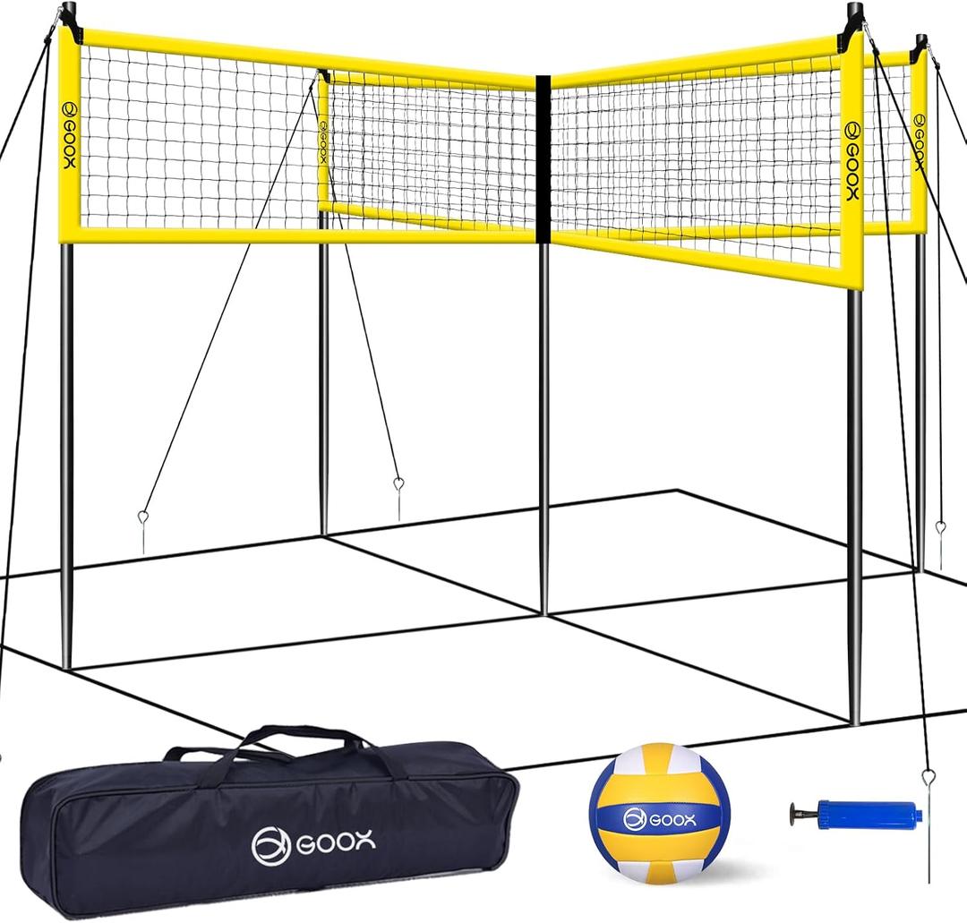GOOX 4 Square Volleyball Net Game Set, 14 FT 4-Way Volleyball Net for Backyard Beach Lawn, Portable Four Square Volleyball Net for Adults & Youths with Vollyball, Pump, Carry Bag, 14 Feet X 6.6 Feet