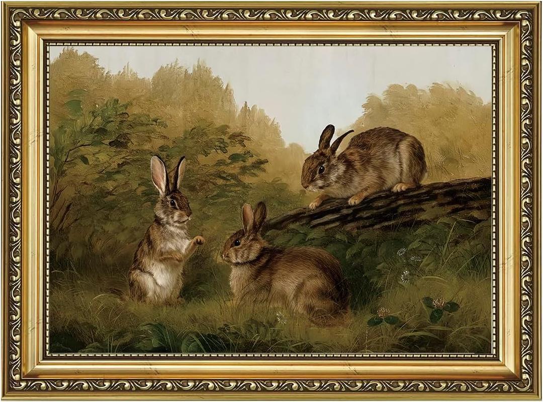 AIKETUO Gold Framed Easter Bunny Wall Picture Art for Wall Decorations, Vintage Rabbit Wall Picture Decor, Artwork for Living Room Bathroom Bedroom Office Shelf Decor Large Big 24" L x 16" W