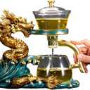 Glass Teapot Set Tea Maker with Infuser Semi Automatic Drip Rotating Cover Bowl Lazy Tea Set (Dragon, Teapot set)
