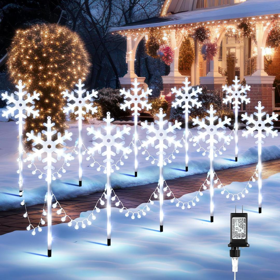 Christmas Snowflake Pathway Lights Outdoor, Set of 10 Christmas Pathway Lights with 8 Lighting Modes, Outdoor Xmas Decorations with Timer for Holiday Walkway Patio Yard Garden(Cool White)