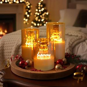 Gold Glass Flameless Pillar Candles,LED Fake Candles Battery Operated Set of 3(Hello Happy and Smile)