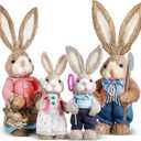 Wesiti Set of 4 Easter Straw Bunny Family Figurine Decorations, 13.8" 9.8" Standing Straw Rabbit Statue, Easter Rabbits Tabletop Statues for Spring Office Kitchen Farmhouse Home Decor