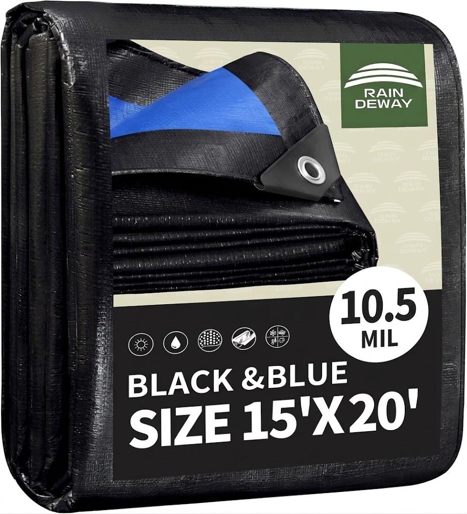 RAINDEWAY 15 Feet Tarps Heavy Duty Waterproof 10.5 Mil Outdoor Poly Tarp Metal Grommets and Reinforced Edges,UV Resistant,Finished Size,Great for Camping Tent Firewood Car,Black/Blue