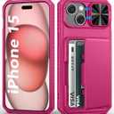 BXYJY for iPhone 15, iPhone 14, iPhone 13 6'1" Wallet Case with Card Holder(45 Cards), Slide Camera Cover, Military Drop & RFID Protection, Heavy Duty Women Men Phone Case for iPhone 15/14/13, Hot Pink