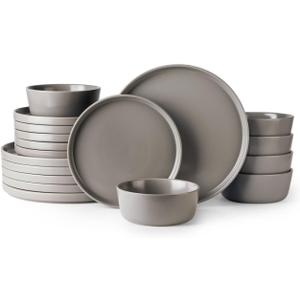 AmorArc Ceramic Dinnerware Sets for 6, Modern Flat Stoneware Plates and Bowls Sets,Chip and Crack Resistant | Dishwasher & Microwave Safe Dishes Set,Scratch Resistant- Service for 6 (18pc)-Matte Gray