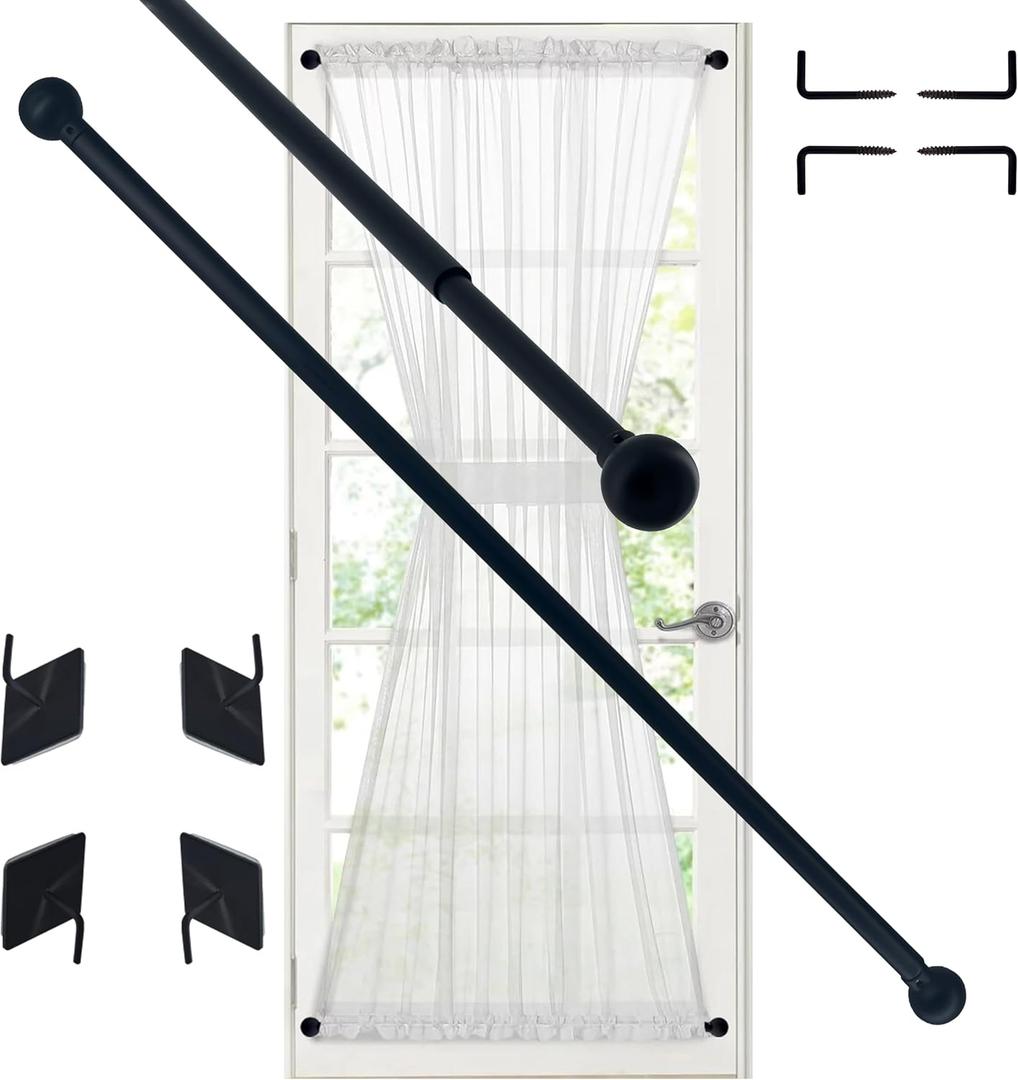 Sash Curtain Rod for French Doors, Kitchen Curtain & Small Window, 3/8 Inch Diameter, Adjustable 16-28", 2 Pack, Black