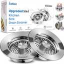 Upgraded 3 in 1 Kitchen Sink Drain Strainer - Stainless Steel Sink Stopper, Anti-Clogging Sink Food Catcher Basket, Fast Drainage Odor Filter Sink Plug for US Standard 3 1/2 inch Drain (Silver-2Pack)