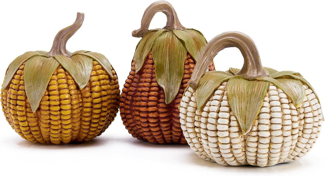 Valery Madelyn Fall Decorations for Home, Fall Pumpkin Decor, Set of 3 Resin Artificial Corn Decorative Pumpkins Indoor, Table Centerpieces Autumn Thanksgiving Halloween Decorations, 5.1 Inch (Medium)