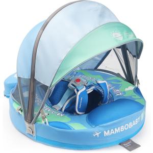 Mambobaby Float Upgrade Add Tail Baby Float with Canopy for Infant Waist Swimming Ring Swim Trainer Non-Inflatable Floats Toys with Adjustable Safety Strap (Blue - Earth)