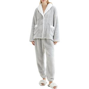 Arssm Womens Fluffy Pajama Set 2 Piece Pjs Set Fuzzy Sleepwear Top Pants Coral Fleece Lounge Set Button Down Pjs (Medium, Lightgrey)