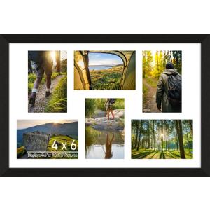 4x6 Picture Frame Collage 6 Openings, Multi Photo Collage Frame 11.5x17.5 Gallery Wall Decor Wooden, Black Frame with White Mat, Wood