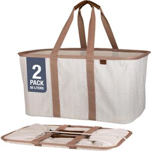 CleverMade Collapsible Laundry Tote - LUXE Cream Herringbone 2Pack 50L -Foldable Storage Organization Container Clothes Laundry Room Storage Solution