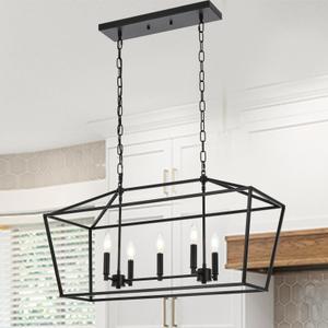 Lucidce 7-Light Farmhouse Lantern Island Chandelier, Black and Gold Rectangular Kitchen Island Light Fixture, Modern Dining Room Hanging Ceiling Light Over Table, E12 Candle Base
