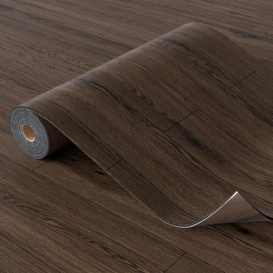 Oxdigi Peel and Stick Vinyl Flooring 2 Rolls 23"x 393"/128 Sq.Ft, Self Adhesive Vinyl Floor Tiles Wood Plank Flooring Waterproof Wear-Resistant for Any Room, Easy DIY Floor Coverings, Deep Brown