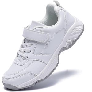 Boys Girls Tennis Shoes Leather Running Sneakers Hook & Loop Kids School Cheer Shoes (2 Big Kid, White)