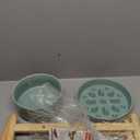 Ceramic Raised Slow Feeder Dog Bowl Set, Elevated 7.3inch Bowl and 8.2inch Slow Pet Food Dish with Wooden Stand for Medium and Large Dog (2 x Light Green+ Stand)