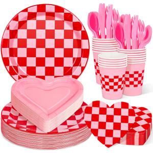 FYSUIMU 175 Pcs Valentine's Day Party Supplies Kit Tableware Set Red Pink Heart Shaped Plaid Disposable Dinnerware Paper Napkin Plate Cup Spoon Fork Knife for 25 Guest Wedding Party Favor