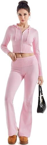 SUUKSESS Women 2 Piece Knit Sets Cropped Zip Up Hoodie Foldover Flare Leg Pants, M