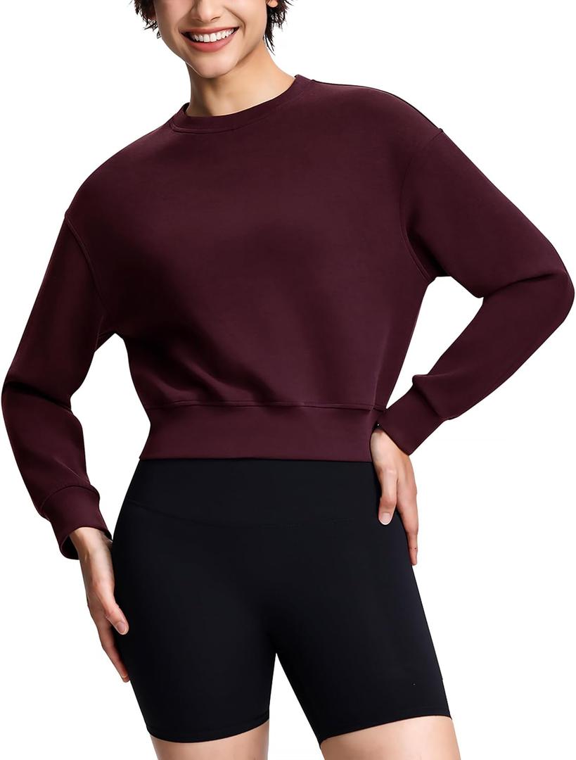 Modal Soft Cropped Sweatshirts for Women Long Sleeve Crew Neck Pullover Crop Top (Large, Maroon)