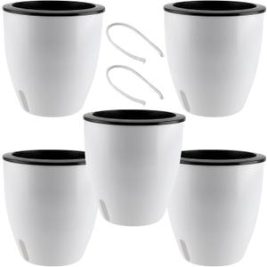 5 Pack 7 Inch Self Watering Plant Pots, White Plastic Self Watering Flower Pots with Visual Water Level Window, Self Watering Planter for Indoor Plants, Herb, African Violet, Succulent