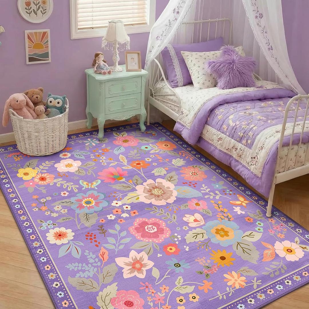 RELEANY Floral Nursery 3x5 Area Rugs Washable Print Boho Cute Carpet Non Slip Flower Low Pile for Living Room Kids Girls Playroom Bedroom Kitchen Office Farmhouse-Purple/Pink/Multi
