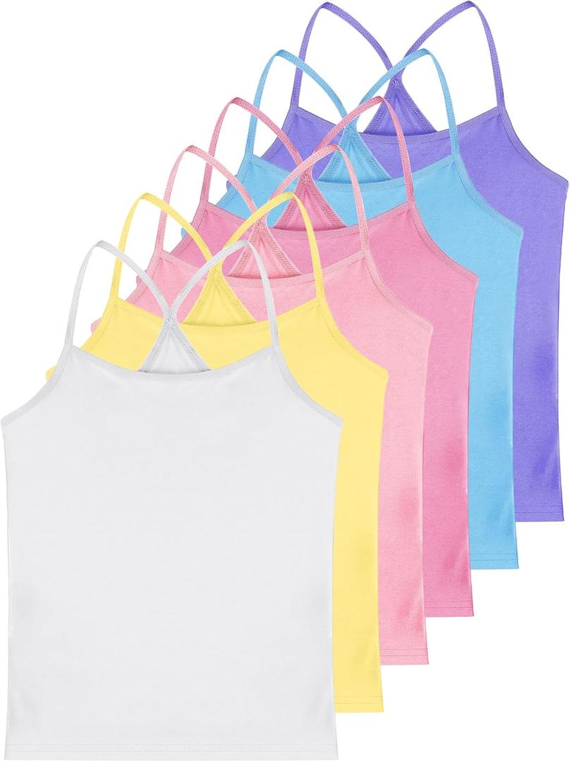 Haysandy 6 Pcs Girls Dance Tank Tops Sleeveless Spaghetti Strap Camisole Racerback Crop Tops Dance Camis Clothes for Kids (7-8 Years, Macaron Color)