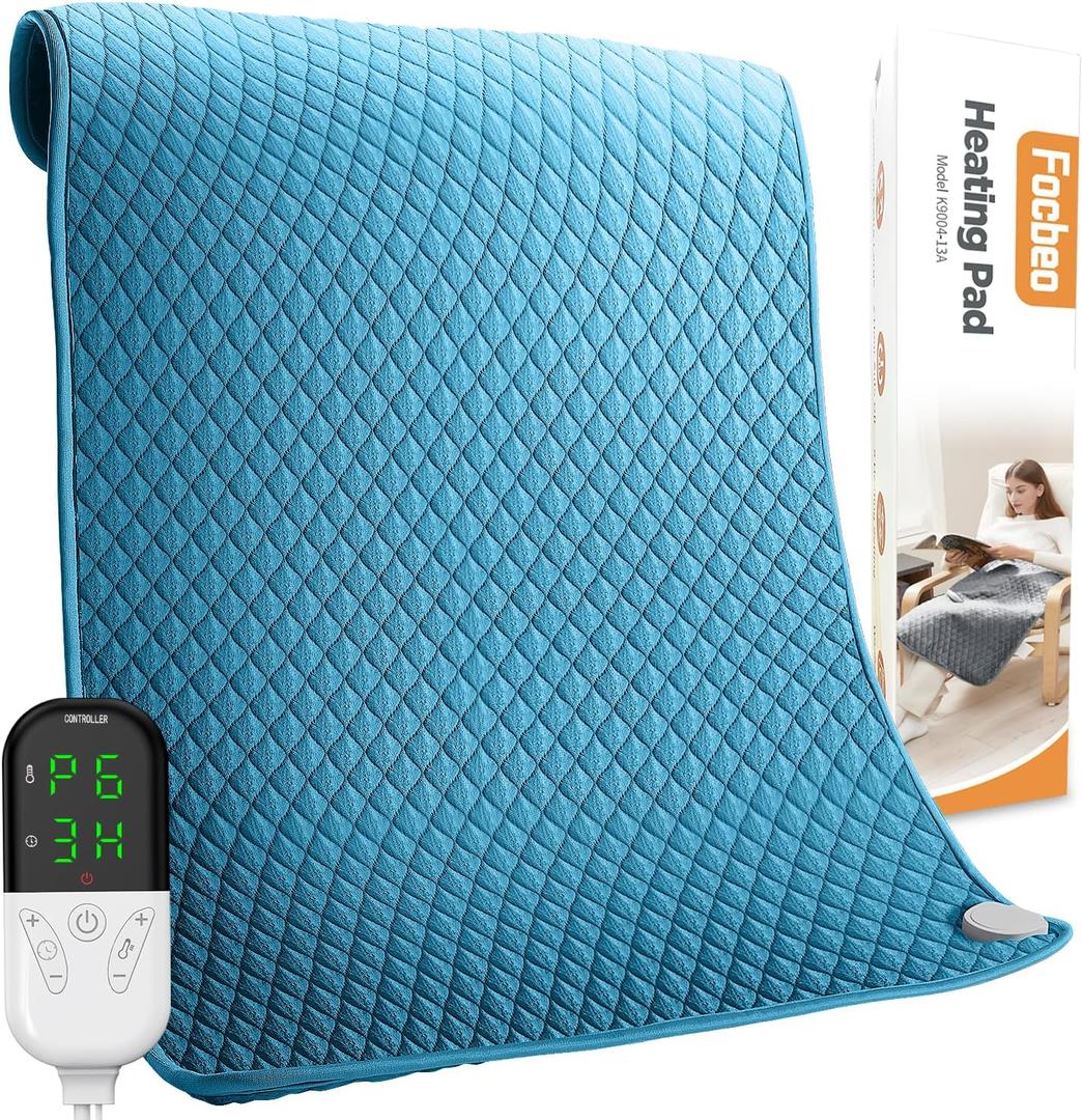 King Size Heating Pad for Back Pain 32"x24" Extra Large Electric Heating Pad for Period Cramps Relief & Body Neck Shoulder Auto Shut Off Heat Pad Temperature Settings Machine Washable Blue