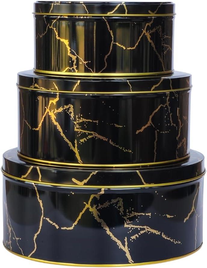 Pack of 3 Round Metal Nesting Tins Stackable Storage Containers with Lids for Cookies, Candy, Snacks, Crafts & Kitchen Storage Black & Gold Gift Tin Box for Mother's Day